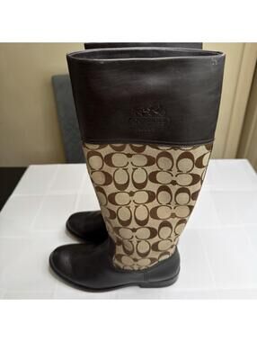 Size 6B Coach Chrissy Women’s  Signature C Riding Boots Brown Leather Canvas